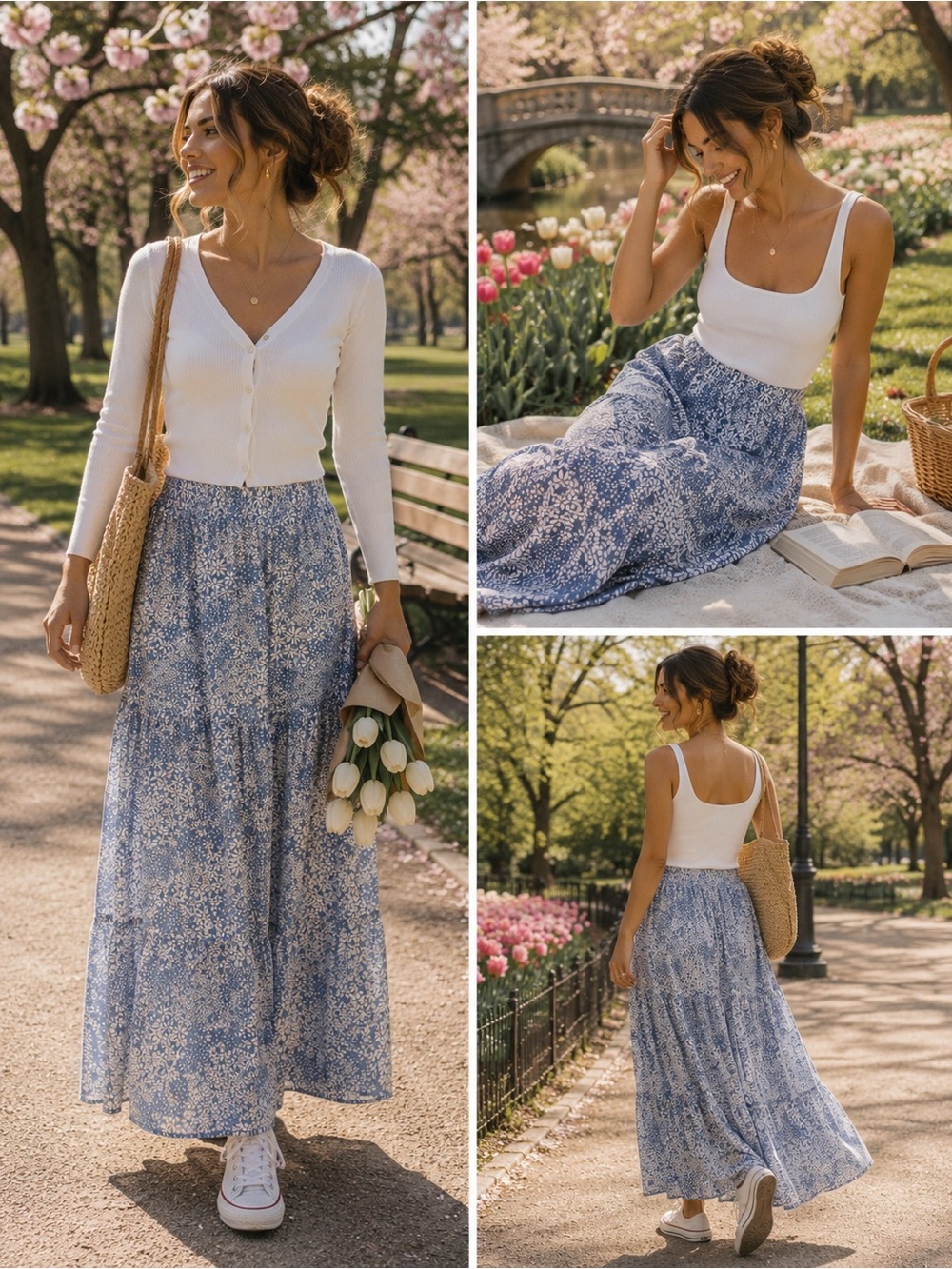 Lightweight Blue Floral Maxi Skirt - Cottagecore/Boho Vibes - Size Small